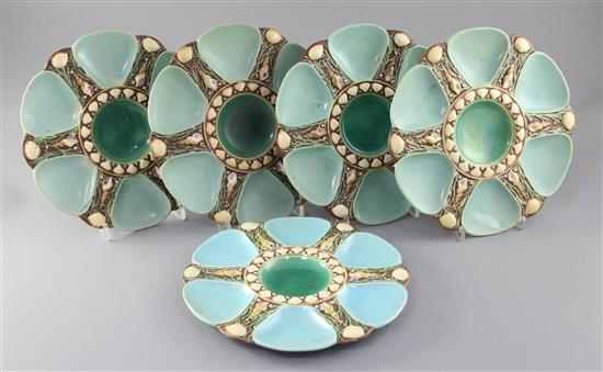 A set of five Minton majolica oyster plates, date stamp for 1867, diameter 23cm